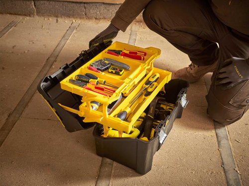 The STANLEY® Essentials Cantilever Toolbox features a 3 tier compartment system that unfolds as the box is opened, allowing for hassle-free access to contents. There are two organiser compartments built within the top of the lid that can be used to store small parts.Fitted with an ergonomic handle and secure metal front latches for easy opening and closing of the lid. A top padlock eye has been included to keep your items safe and secure. Designed for DIYers and anyone that would require customised storage around the home.Specification:Dimensions: 490 x 285 x 255mmMax. Load: 22kg