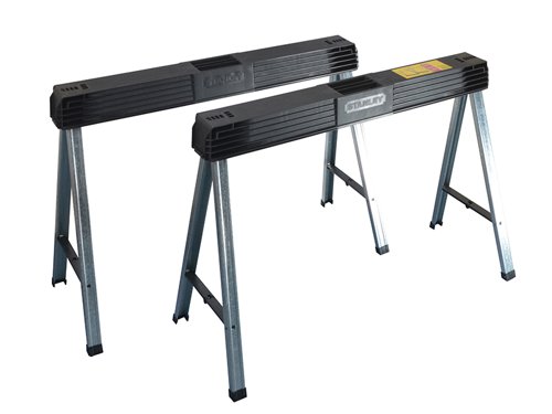 The Stanley Folding Sawhorses are easy-to-carry and store, they have strong robust aluminium legs that fold into the top for easy transportation. With a plastic top and non-slip rubber feet for added security and stability. Side latches are used to fasten two saw horses together for a wider work surface for door trimming, decking laying etc.Supplied as a Twin Pack.Specification:Max. Load: 340kg per pairWidth: 97cm (37in)