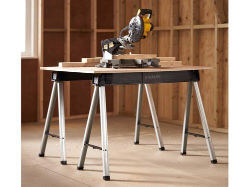 The Stanley Folding Sawhorses are easy-to-carry and store, they have strong robust aluminium legs that fold into the top for easy transportation. With a plastic top and non-slip rubber feet for added security and stability. Side latches are used to fasten two saw horses together for a wider work surface for door trimming, decking laying etc.Supplied as a Twin Pack.Specification:Max. Load: 340kg per pairWidth: 97cm (37in)