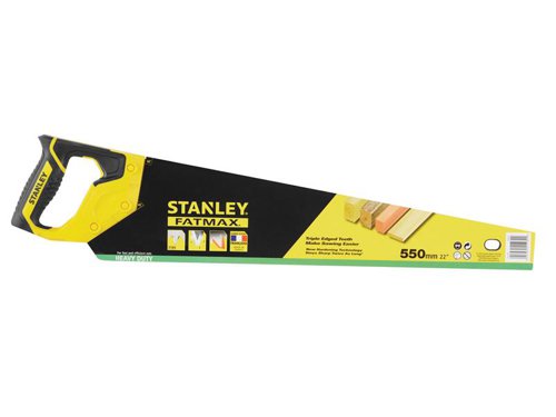 The Stanley Jet Cut heavy-duty saws have Bi-material handles which are screwed and ultrasonically welded for comfort and security, and allow cutting at 90° and 45°.The teeth are precision set to generate clearance of kerf for the blade to cut on both the forward and back stroke, increasing cutting efficiency by 30%. These 3 sided teeth are precision ground to offer razor sharp cutting edges at every stage of the stroke. They are induction hardened to stay sharper for longer.7 TPI.Length: 550mm (22 in).