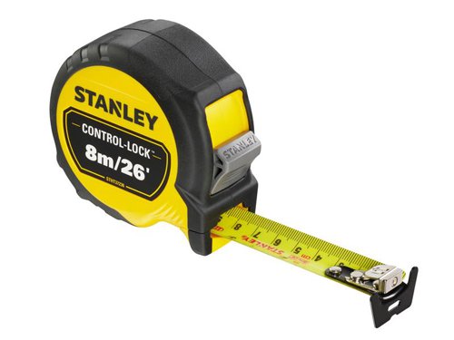The STANLEY® CONTROL-LOCK™ Pocket Tape has a double sided print blade enabling easier overhead measurements or use in awkward spaces. Its abrasion-resistant blade coating provides additional durability. The first 20cm of the blade is also treated with a BladeArmor® coating to reinforce the most vulnerable part, of the blade, and reduce the risk of kinks or tears.Its innovative Multi-catch Hook provides more contact surface and grip for greater control, whilst the TRU-ZERO™ feature ensures precise inner and outer measurements.There is also a detachable magnet for greater versatility. The 25mm blade width and extended reach of 3.5 metres helps you to measure confidently from a distance, even when working alone.Ergonomically engineered to fit comfortably in the palm of your hand. Its bi-material casing provides exceptional grip. Equipped with patented Twin-Core™ technology, resulting in a compact case design taking up less space on your tool belt.Its flat-based design also ensures more stability on work surfaces. An integrated finger brake provides users with full control when retracting and extending the blade ensuring more controlled measurements and longer tape life.Class II Accuracy. Suitable for most professionals, providing a reassuring ±0,5mm error tolerance at 1m.Available with metric only or metric and imperial graduations.This STANLEY® CONTROL-LOCK™ Pocket Tape has metric and imperial graduations.It has a double sided print blade enabling easier overhead measurements or use in awkward spaces. Its abrasion-resistant blade coating provides additional durability. The first 20cm of the blade is also treated with a BladeArmor® coating to reinforce the most vulnerable part, of the blade, and reduce the risk of kinks or tears.Its innovative Multi-catch Hook provides more contact surface and grip for greater control, whilst the TRU-ZERO™ feature ensures precise inner and outer measurements.There is also a detachable magnet for greater versatility. The 25mm blade width and extended reach of 8 metres helps you to measure confidently from a distance, even when working alone.Ergonomically engineered to fit comfortably in the palm of your hand. Its bi-material casing provides exceptional grip. Equipped with patented Twin-Core™ technology, resulting in a compact case design taking up less space on your tool belt.Its flat-based design also ensures more stability on work surfaces. An integrated finger brake provides users with full control when retracting and extending the blade ensuring more controlled measurements and longer tape life.Class II Accuracy. Suitable for most professionals, providing a reassuring ±0,5mm error tolerance at 1m.(Metric and imperial graduations).Specification:Blade Length: 8m/25ftBlade Width: 25mmAccuracy: EC Class II