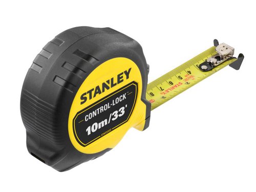 The STANLEY® CONTROL-LOCK™ Pocket Tape has a double sided print blade enabling easier overhead measurements or use in awkward spaces. Its abrasion-resistant blade coating provides additional durability. The first 20cm of the blade is also treated with a BladeArmor® coating to reinforce the most vulnerable part, of the blade, and reduce the risk of kinks or tears.Its innovative Multi-catch Hook provides more contact surface and grip for greater control, whilst the TRU-ZERO™ feature ensures precise inner and outer measurements.There is also a detachable magnet for greater versatility. The 25mm blade width and extended reach of 3.5 metres helps you to measure confidently from a distance, even when working alone.Ergonomically engineered to fit comfortably in the palm of your hand. Its bi-material casing provides exceptional grip. Equipped with patented Twin-Core™ technology, resulting in a compact case design taking up less space on your tool belt.Its flat-based design also ensures more stability on work surfaces. An integrated finger brake provides users with full control when retracting and extending the blade ensuring more controlled measurements and longer tape life.Class II Accuracy. Suitable for most professionals, providing a reassuring ±0,5mm error tolerance at 1m.Available with metric only or metric and imperial graduations.This STANLEY® CONTROL-LOCK™ Pocket Tape has metric and imperial graduations.It has a double sided print blade enabling easier overhead measurements or use in awkward spaces. Its abrasion-resistant blade coating provides additional durability. The first 20cm of the blade is also treated with a BladeArmor® coating to reinforce the most vulnerable part, of the blade, and reduce the risk of kinks or tears.Its innovative Multi-catch Hook provides more contact surface and grip for greater control, whilst the TRU-ZERO™ feature ensures precise inner and outer measurements.There is also a detachable magnet for greater versatility. The 25mm blade width and extended reach of 10 metres helps you to measure confidently from a distance, even when working alone.Ergonomically engineered to fit comfortably in the palm of your hand. Its bi-material casing provides exceptional grip. Equipped with patented Twin-Core™ technology, resulting in a compact case design taking up less space on your tool belt.Its flat-based design also ensures more stability on work surfaces. An integrated finger brake provides users with full control when retracting and extending the blade ensuring more controlled measurements and longer tape life.Class II Accuracy. Suitable for most professionals, providing a reassuring ±0,5mm error tolerance at 1m.(Metric and imperial graduations).Specifications:Blade Length: 10m/33ft.Blade Width: 25mm.Accuracy: EC Class II.