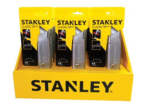 The Stanley 99E Original Retractable Blade Knife is designed with a painted die-cast metal body, which is ergonomically shaped for a good, comfortable grip. The blade extension can be controlled by the blade shifter, and 5 blade positions allows a wider usage for a variety of cutting applications. The interlock nose firmly secures the blade into knife.For safety, the blade can be fully retracted into the body.This Merchandiser contains 12 x 99E knives