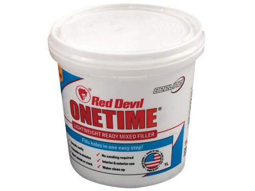 Red Devil Onetime® Filler is a specially formulated, premium, lightweight filler which comes ready mixed. It spreads easily, is paintable within minutes and won't shrink or crack. No sanding is required.The filler is suitable for interior and exterior use and cleans up easily with water.Size: 1 litre.