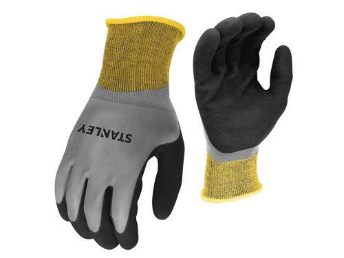 Stanley SY18L Waterproof Grip Gloves have a 13-gauge nylon shell with a fully water-resistant latex coating. The sandy foam latex palm coating provides increased grip. Elasticated cuffs provide a secure fit. Ideal for general handling.Hand wash with soap and water.