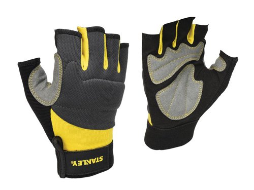 The Stanley SY640 Fingerless Performance Gloves provide increased dexterity and feature a synthetic leather palm. Palm pads, knuckle guards and a reinforced thumb crotch provide extra protection and durability. With adjustable hook & loop hems and cuffs for a secure, comfortable fit. The breathable spandex back increases comfort. These gloves are machine washable.