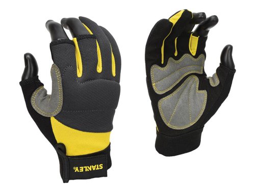 The Stanley SY650 Framer Performance Gloves have a synthetic leather palm, with two full fingers and three 3/4 short fingers for improved dexterity. Palm pads, knuckle guards and a reinforced thumb crotch provide extra protection and durability. Adjustable hook & loop hems and cuffs provide a secure, comfortable fit. The breathable spandex back increases comfort. These gloves are machine washable.