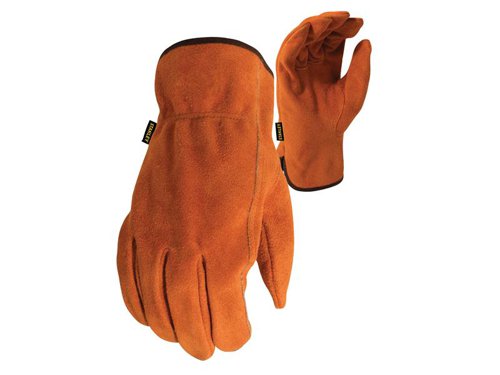 Stanley SY710 Split Cowhide Driver Gloves are made from 100% leather. Split cowhide provides resistance from punctures, tears and abrasion. The keystone thumb with ToughThread double stitching and reinforced fingertips provide increased dexterity and durability. With elasticated cuffs for a comfortable and secure fit. Suitable for general handling.Surface wipe only.