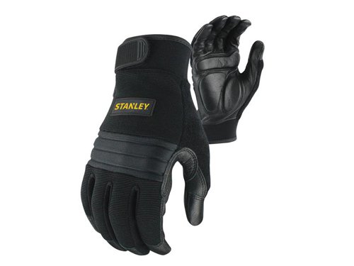 The Stanley SY800 Vibration Reducing Performance Gloves have premium goatskin leather palm and gel pads that reduce stressful vibrations, increasing power tool control and preventing hand fatigue. Knuckle and nail guards protect against back of hand impacts. Breathable spandex back increases comfort. The adjustable hook & loop hems and cuffs offer a secure, comfortable fit.