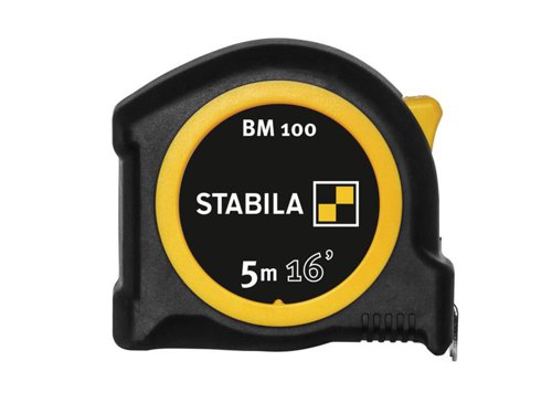 The Stabila BM 100 Compact Pocket Tape has a shatterproof ABS housing with a shock-absorbent soft grip casing and an integrated eyelet for attaching an anti-drop wrist strap. Ergonomically shaped for easy use.Its blade features hard-wearing paint that protects the scales from damage. The yellow coating ensures good readability, even in sunlight, with red tens for quick orientation and reading. A movable start hook with an integrated eyelet to prevent slippage allows for accurate measurements. The start of the blade is strengthened with a metal plate to prevent wear.Fitted with a push brake for stopping and locking the tape securely and a chrome-plated metal clip for easy belt attachment.This Stabila BM 100 Compact Pocket Tape has metric and imperial measurements.Blade Length: 5m/16ft Blade Width: 19mmAccuracy: EC Class II