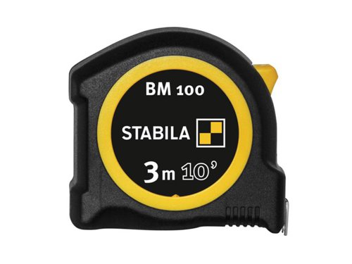 The Stabila BM 100 Compact Pocket Tape has a shatterproof ABS housing with a shock-absorbent soft grip casing and an integrated eyelet for attaching an anti-drop wrist strap. Ergonomically shaped for easy use.Its blade features hard-wearing paint that protects the scales from damage. The yellow coating ensures good readability, even in sunlight, with red tens for quick orientation and reading. A movable start hook with an integrated eyelet to prevent slippage allows for accurate measurements. The start of the blade is strengthened with a metal plate to prevent wear.Fitted with a push brake for stopping and locking the tape securely and a chrome-plated metal clip for easy belt attachment.This Stabila BM 100 Compact Pocket Tape has metric and imperial measurements.Blade Length: 3m/10ft Blade Width: 19mmAccuracy: EC Class II