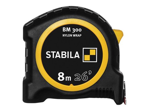 The Stabila BM 300 Robust Pocket Tape has a shatterproof PC/ABS housing with a shock-absorbent soft grip casing that provides protection against heavy impacts. Extremely hard-wearing STABILA NYLON-WRAP protects the blade against corrosion and abrasion. The coating also features STABILA SPIKES to help prevent slipping.With a double-sided scale for optimum readability, this thick measuring blade provides high stability and rigidity and can be pulled out up to 3m (10ft) without kinks. The blade is fitted with an adjustable, extra-large hook for accurate internal and external measurements. An integrated eyelet in the hook prevents the blade from slipping. Curved brake button, for comfortable operation of the push brake, to stop and lock the blade securely. A strong spring enables automatic, powerful blade retraction. Fitted with a rounded STABILA EASY-CLIP for easy attachment to your belt.The Stabila BM 300 Robust Pocket Tape has metric and imperial measurements.Blade Length: 8m/26ftBlade Width: 27mmAccuracy: EC Class II