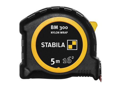 The Stabila BM 300 Robust Pocket Tape has a shatterproof PC/ABS housing with a shock-absorbent soft grip casing that provides protection against heavy impacts. Extremely hard-wearing STABILA NYLON-WRAP protects the blade against corrosion and abrasion. The coating also features STABILA SPIKES to help prevent slipping.With a double-sided scale for optimum readability, this thick measuring blade provides high stability and rigidity and can be pulled out up to 3m (10ft) without kinks. The blade is fitted with an adjustable, extra-large hook for accurate internal and external measurements. An integrated eyelet in the hook prevents the blade from slipping. Curved brake button, for comfortable operation of the push brake, to stop and lock the blade securely. A strong spring enables automatic, powerful blade retraction. Fitted with a rounded STABILA EASY-CLIP for easy attachment to your belt.The Stabila BM 300 Robust Pocket Tape has metric and imperial measurements.Blade Length: 5m/16ftBlade Width: 27mmAccuracy: EC Class II