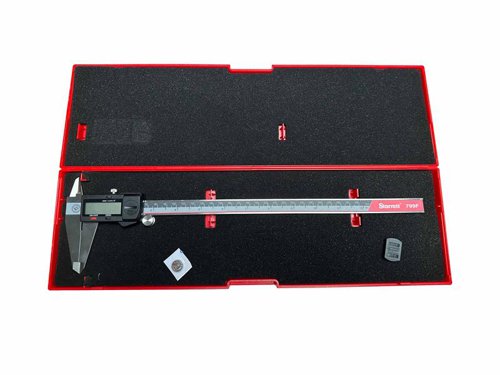 The Starrett Fractional Display Caliper is lightweight, comfortable, and easy to use. Made from hardened stainless steel, it has a slim profile and a clear LCD display, reads 0.01mm, .0005in or 1/64in. The display includes function buttons for zeroing and unit switching (mm, inch, F).A fine adjustment thumb wheel allows for easy measuring and a lock screw to secures the slide position. To save battery life it has an auto-off after 5 minutes. It also features a low battery warning system with flashing display and a USB port for data output.Comes with: a battery cover wrench for easy access and a hardwearing case. Conforms to DIN862 standard.Specifications:Power: Single SR44/LR44 Long-life Battery.Max. Measuring Speed: 1.5m/sec or 60in/sec.1 x Starrett Fractional Display Caliper 300mm.
