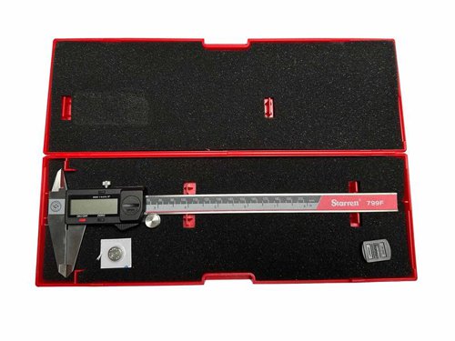 The Starrett Fractional Display Caliper is lightweight, comfortable, and easy to use. Made from hardened stainless steel, it has a slim profile and a clear LCD display, reads 0.01mm, .0005in or 1/64in. The display includes function buttons for zeroing and unit switching (mm, inch, F).A fine adjustment thumb wheel allows for easy measuring and a lock screw to secures the slide position. To save battery life it has an auto-off after 5 minutes. It also features a low battery warning system with flashing display and a USB port for data output.Comes with: a battery cover wrench for easy access and a hardwearing case. Conforms to DIN862 standard.Specifications:Power: Single SR44/LR44 Long-life Battery.Max. Measuring Speed: 1.5m/sec or 60in/sec.1 x Starrett Fractional Display Caliper 200mm.