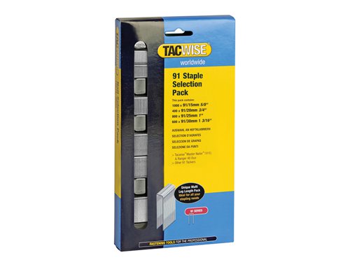 Tacwise galvanised narrow crown staples, ideal for a wide variety of 2nd fix tasks.Suitable for 191EL/S Pro Stapler/Nailer, Tacwise 35 Duo Nailer/Stapler, Tacwise 50 Duo Nailer/Stapler, Ranger 40 Duo and other major brands in the market within their range capacities.Selection pack containing: 1000 x 15mm.400 x 20mm.800 x 25mm.600 x 30mm