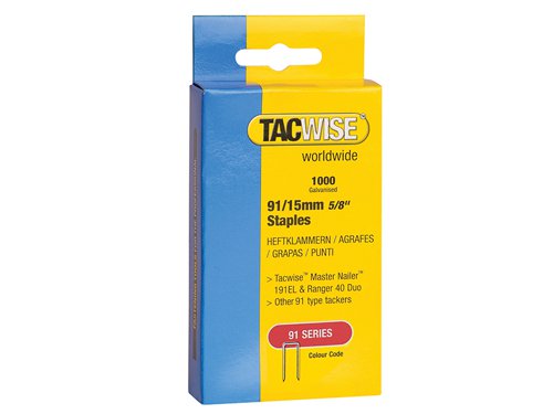 Tacwise galvanised narrow crown staples, ideal for a wide variety of 2nd fix tasks.Suitable for 191EL/S Pro Stapler/Nailer, Tacwise 35 Duo Nailer/Stapler, Tacwise 50 Duo Nailer/Stapler, Ranger 40 Duo and other major brands in the market within their range capacities.Size: 15mm.Pack quantity: 1000.