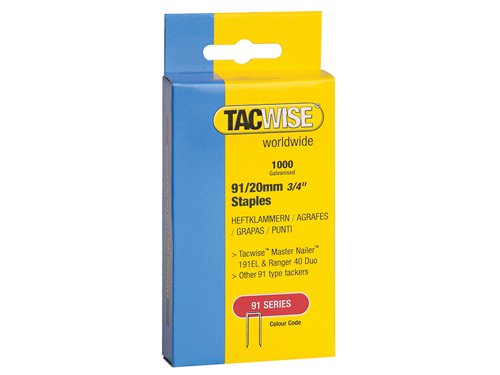 Tacwise galvanised narrow crown staples, ideal for a wide variety of 2nd fix tasks.Suitable for 191EL/S Pro Stapler/Nailer, Tacwise 35 Duo Nailer/Stapler, Tacwise 50 Duo Nailer/Stapler, Ranger 40 Duo and other major brands in the market within their range capacities.Size: 20mm.Pack quantity: 1000