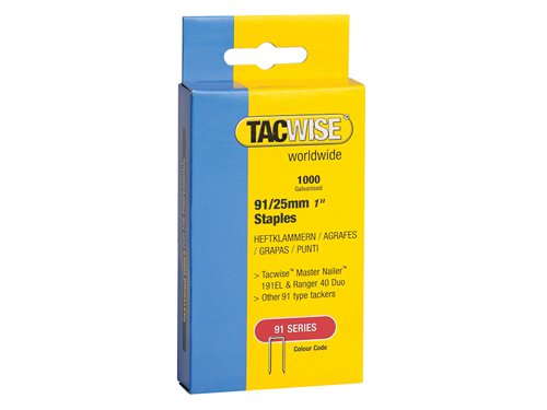 Tacwise galvanised narrow crown staples, ideal for a wide variety of 2nd fix tasks.Suitable for 191EL/S Pro Stapler/Nailer, Tacwise 35 Duo Nailer/Stapler, Tacwise 50 Duo Nailer/Stapler, Ranger 40 Duo and other major brands in the market within their range capacities.Size: 25mm.Pack quantity: 1000.