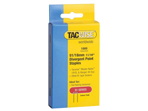 Tacwise 91 Series Galvanised Narrow Crown Divergent Point Staples are ideal for subflooring hardwood.Divergent point staples twist as they enter the timber, creating greater staple retention.Suitable for 191EL/S Pro Stapler/Nailer, Tacwise 35 Duo Nailer/Stapler, Tacwise 50 Duo Nailer/Stapler, Ranger 40 Duo and other major brands in the market within their range capacities.Size: 18mm.Pack Quantity: 1000.