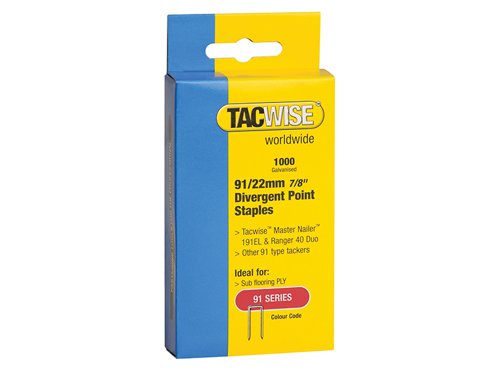 Tacwise 91 Narrow Crown Divergent Point Staples 22mm - Electric Tackers (Pack 1000)