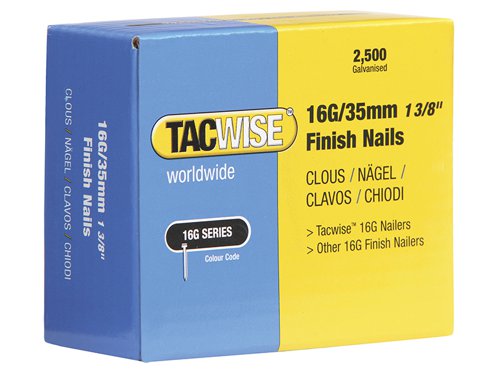 The Tacwise 16 gauge Straight Finish Nails are compatible with:Tacwise Air Powered Nailers: DFN50, DFN50WHH and FFN64LHH.Tacwise Battery Powered Nailers: Ranger 2 16G Nailer, and all other nailers taking 16g straight finish nails.The Tacwise 16 gauge Straight Finish Nails 20mm are compatible with a number of the company's nailers.These include Tacwise Air Powered Nailers: DFN50, DFN50WHH and FFN64LHH, along with the Tacwise Battery Powered Nailers: Ranger 2 16G Nailer, and all other nailers taking 16g straight finish nails.Specifications:Size: 20mm.Pack Quantity: 2500.