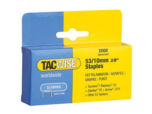 Tacwise fine wire staple, commonly used for semi-industrial/DIY applications. This staple is thinner than 140 type and not so visible.Suitable for the Tacwise Z1-53, Z1-53l, Z1-53T, Z3-53, Z3-53L and the Hobby 53EL as well as the Arrow JT21, Rapid R53 and other brands taking the popular 53 staple.Size: 10mm.Pack quantity: 2000.