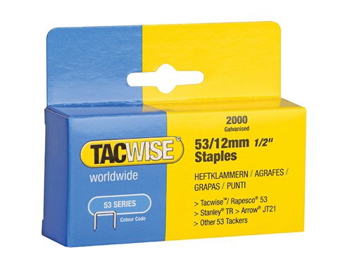 Tacwise fine wire staple, commonly used for semi-industrial/DIY applications. This staple is thinner than 140 type and not so visible.Suitable for the Tacwise Z1-53, Z1-53l, Z1-53T, Z3-53, Z3-53L and the Hobby 53EL as well as the Arrow JT21, Rapid R53 and other brands taking the popular 53 staple.Size: 12mm.Pack quantity: 2000.