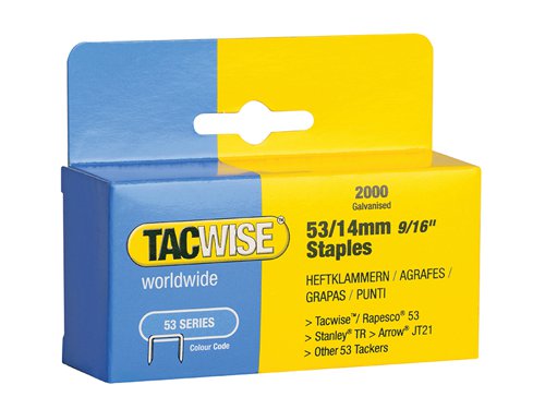 Tacwise fine wire staple, commonly used for semi-industrial/DIY applications. This staple is thinner than 140 type and not so visible.Suitable for the Tacwise Z1-53, Z1-53l, Z1-53T, Z3-53, Z3-53L and the Hobby 53EL as well as the Arrow JT21, Rapid R53 and other brands taking the popular 53 staple.Size: 14mm.Pack quantity: 2000.