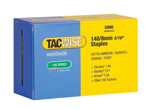 Tacwise 140 Series Galvanised Staples are popular, flat wire staples ideal for semi-pro/DIY applications. Compatible with the Tacwise Z1-140 range, Z3-140 range, A11 Hammer Tacker, Hobby 140EL Electric Tacker and other popular brands on the market.1 x Pack of 5,000 Tacwise 140 Galvanised Staples 8mm