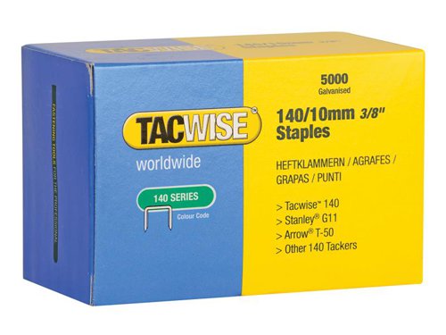 Tacwise 140 Series Galvanised Staples are popular, flat wire staples ideal for semi-pro/DIY applications. Compatible with the Tacwise Z1-140 range, Z3-140 range, A11 Hammer Tacker, Hobby 140EL Electric Tacker and other popular brands on the market.1 x Pack of 5,000 Tacwise 140 Galvanised Staples 10mm