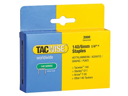 Tacwise Flat Wire Staple. Ideal for breather membrane (Tyvek, etc), building paper and insulation.For hand/electric staple guns and hammer tackers using 140, T50, G type staples.Compatible with Tacwise A14014V.Size: 6mm.Pack quantity: 2000.