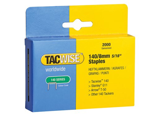 Tacwise Flat Wire Staple. Ideal for breather membrane (Tyvek, etc), building paper and insulation.For hand/electric staple guns and hammer tackers using 140, T50, G type staples.Compatible with Tacwise A14014V.Size: 8mm.Pack quantity: 2000.