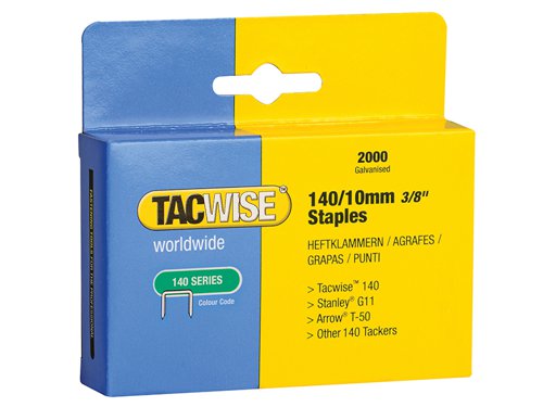 Tacwise Flat Wire Staple. Ideal for breather membrane (Tyvek, etc), building paper and insulation.For hand/electric staple guns and hammer tackers using 140, T50, G type staples.Compatible with Tacwise A14014V.Size: 10mm.Pack quantity: 2000.