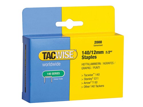Tacwise Flat Wire Staple. Ideal for breather membrane (Tyvek, etc), building paper and insulation.For hand/electric staple guns and hammer tackers using 140, T50, G type staples.Compatible with Tacwise A14014V.Size: 12mm.Pack quantity: 2000.