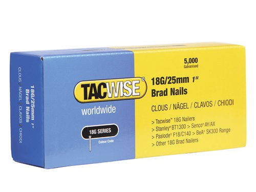 18G galvanised brad nails which are ideal for a wide variety of 2nd fix tasks.Suitable for Tacwise Master Nailer 181ELS, the Tacwise Master Nailer 191EL and the new/next generation Tacwise Duo 35 and Duo 50 electric nail/staple guns.