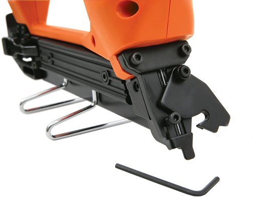 The Tacwise 400ELS Master Nailer™ is angled for increased visibility and ideal for tight corners and secret (tongue and groove) nailing. It ensures professional, neat and quick tool firing of up to 30 nails per minute. It has an ultra quick release reloading system and a high capacity magazine. Other features inculde a rubber nose protector, safety grip, single shot trigger and a safety on/off switch.Ideal for: cane/rattan furniture, door frames and skirting, soft and hard wood flooring, show repair, trellis work, fencing, staircase and banister construction, furniture, cabinet and woodwork assembly, and much more.Specifications:Fires: 18 Gauge Type 500 Angled Nails: 15-40mm.Capacity: Nails: 100 (max.)Length: 432mm.Width: 125mm.Depth: 380mm.Weight: 2.5kg.