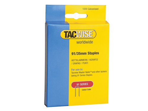 Tacwise galvanised narrow crown staples, ideal for a wide variety of 2nd fix tasks.Suitable for 191EL/S Pro Stapler/Nailer, Tacwise 35 Duo Nailer/Stapler, Tacwise 50 Duo Nailer/Stapler, Ranger 40 Duo and other major brands in the market within their range capacities.Size: 35mm.Pack quantity: 1000.