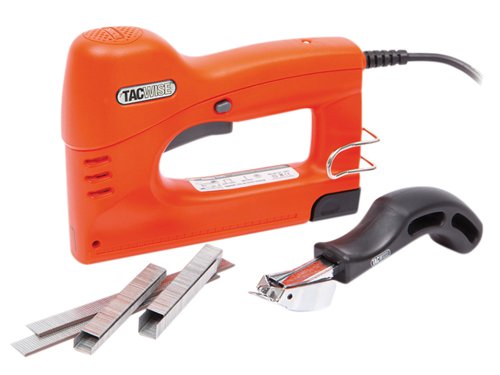 The Tacwise 53EL Staple/Nail Tacker is a lightweight, versatile high impact corded electric tacker. Suitable for attaching wire mesh netting to wood, insulation and lining, office screens, external pelmets, blinds and awnings. Features include a staple/nail refill window, an ultra quick release reloading system, a single shot trigger and a safety on/off switch.Supplied with staple remover and 4,000 assorted staples and nails.Fires: Series 53 Staples (6-14mm) & 180 Nails (15mm).