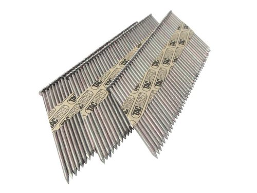 The Tacwise premium quality, paper collated Framing Nails, providing exceptional hold under extreme loading pressures in heavy duty applications. Manufactured from premium grade materials to exacting standards. Designed to offer the very best in accuracy and consistency in nailing whilst delivering outstanding results across a wide range of applications and tools.Extra galvanised, long-lasting, rust resistant nails with a diamond point for easy penetration, as well as a ‘D’ head and ring shank for increased holding strength. Suitable for high volume first fix nailing in timber frame construction as well as heavy weight decking, fencing, cable drums, steel skids and many more.Compatible with Tacwise KDH90V, KDH90XHH and JDH90FHH strip nailers, also compatible with Hitachi, Senco and other major brand strip nailers taking 3.1/65mm paper collated strip nails.Please always check compatibility with your tool before making a purchase.Pack of 2,200 x 75mm Tacwise 34° Extra Galvanised Framing Plain Shank Nailss with a 3.1mm diameter, 34° incline and connected in convenient nail strips.
