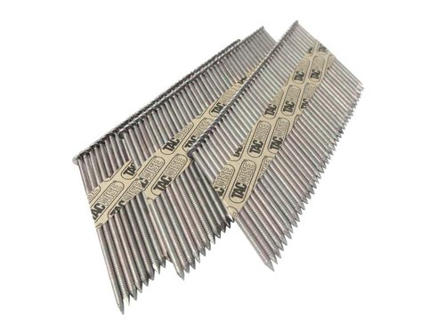 The Tacwise premium quality, paper collated Framing Nails, providing exceptional hold under extreme loading pressures in heavy duty applications. Manufactured from premium grade materials to exacting standards. Designed to offer the very best in accuracy and consistency in nailing whilst delivering outstanding results across a wide range of applications and tools.Extra galvanised, long-lasting, rust resistant nails with a diamond point for easy penetration, as well as a ‘D’ head and ring shank for increased holding strength. Suitable for high volume first fix nailing in timber frame construction as well as heavy weight decking, fencing, cable drums, steel skids and many more.Compatible with Tacwise KDH90V, KDH90XHH and JDH90FHH strip nailers, also compatible with Hitachi, Senco and other major brand strip nailers taking 3.1/65mm paper collated strip nails.Please always check compatibility with your tool before making a purchase.Pack of 2,200 x 90mm Tacwise34° Extra Galvanised Framing Ring Shank Nails with a 3.1mm diameter, 34° incline and connected in convenient nail strips.