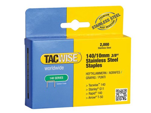 Hugely popular staples now in a stainless steel finish, ideal for outdoor/marine use. The Tacwise 140 Series Staples are the perfect fastening for a range of professional and DIY applications. They are suitable for use with any Tacwise Z1-140, Z3-140, Z3-140L Hand Tackers and Pro140EL Electric Tacker.These staples are popular within the flooring industry as they are ideal for use in carpet underlay and carpet laying. The 140 staple is also great for insulation, plastic sheeting and roofing applications.1 x Pack of 2,000 Tacwise 140 Stainless Steel Staples 10mmThis size fits the A11 and A54 Hammer Tackers.