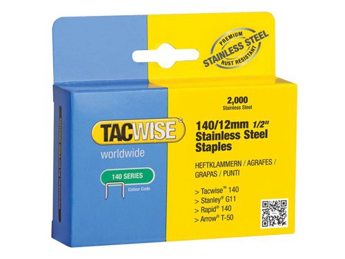 Hugely popular staples now in a stainless steel finish, ideal for outdoor/marine use. The Tacwise 140 Series Staples are the perfect fastening for a range of professional and DIY applications. They are suitable for use with any Tacwise Z1-140, Z3-140, Z3-140L Hand Tackers and Pro140EL Electric Tacker.These staples are popular within the flooring industry as they are ideal for use in carpet underlay and carpet laying. The 140 staple is also great for insulation, plastic sheeting and roofing applications.1 x Pack of 2,000 Tacwise 140 Stainless Steel Staples 12mmThis size fits the Tacwise A54 Hammer Tacker.
