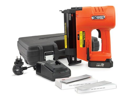 The Tacwise Ranger EL-Pro Cordless Staple/Nail Gun is powered by an interchangeable 18V lithium-ion battery. Delivers precise nailing and stapling without the wires. Made from high-impact, ABS moulded housing, this cordless model is perfect for a range of applications including furniture upholstery, roofing, fencing, insulation and much more.Switch seamlessly between staples and nails thanks to the bottom loading design and know when you’re running low with the useful refill window. The EL-Pro features single shot or contact firing modes, designed for maximum power for various staple lengths without adjustment.This powerful staple/nail gun also boasts a depth control adjustment wheel and an LED light for accurate stapling/nailing. To prevent damage to work surfaces, the Ranger EL-Pro comes fitted with a nonmarking nose protector.Backed by a 2-year guarantee when using Tacwise staples/nails.Supplied with: 1 x 18V Li-ion Battery, 1 x Charger with UK/EUR Adaptor Plug, 1,000 x 30mm Nails, 1,000 x 30mm Staples.Specifications:Magazine Capacity: 100 Nails/Staples.Fastenings: 18GA Narrow Crown Brad Nails: 20-50mm, Staples: 19-40mm.Weight: 3.1kg.