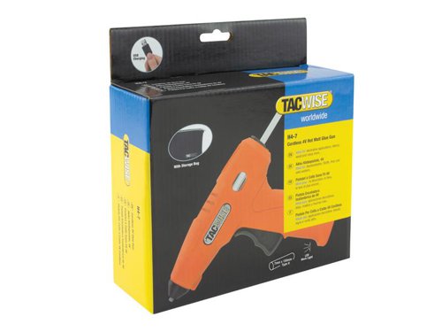 The Tacwise H4-7 Hot Melt Cordless Glue Gun is ideal for a wide range of applications, including DIY, arts and crafts, fabrics, wood, plastic and leather. Made from impact and high heat resistant material, the free-standing gun is quick to heat up and features a handy auto turn-off after 5 minutes of non-use.With an automatic LED light for precision, and a comfortable, contoured trigger, this gun is the ideal choice for DIY/everyday usage. It also boasts a rechargeable, fully integrated 4V lithium-ion battery, making wires a thing of the past.Supplied with: 1 x USB Charging Cable, 30 x Tacwise Hot Melt Glue Sticks and 1 x Handy Neoprene Storage Bag.Backed by a 2-year guarantee when using Tacwise Hot Melt Glue Sticks.