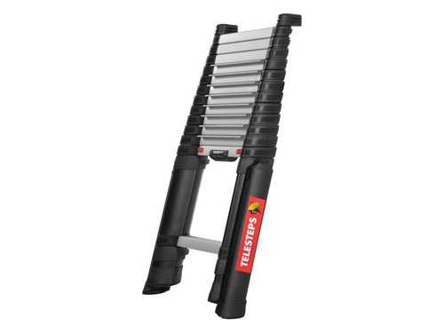 Telesteps Prime Line Telescopic Ladder with Stabilisers. The ladders triangular tube design increases strength and makes the ladder more resistant to twisting. Lightweight but strong, made of high quality anodised aluminium with glass fibre reinforced plastic fittings.The ladder is designed be used at a 75 degree leaning angle, angled rubber feet ensure you always have maximum surface contact. A rubber top section also helps to prevent sliding and limits damage to walls. Wide and level rungs minimise slipping and reduce fatigue. These rungs also feature grooved channels to disperse dirt, making the rungs safer. The red safety tabs make it easy to ensure every rung is locked before you use the ladder.Smart and safe unlocking, 'Slow Close' and Autostep® (2 push buttons for closing the ladder) help to prevent injuries. Due to its compact size, Prime Line is easy to transport in almost any vehicle. This also makes it easy to use in any working area, whether its a tight space or you need an elevator to get there.EN 131 and SP (RISE) certified.This Telesteps Prime Line Telescopic Ladder with Stabilisers has the following specifications:No. of Treads: 13.Extended Length: 4.1m.Tread Width: 80mm.Working Height: 4.9m.Closed Length: 0.93m.Width: 0.56m.Weight: 17.4kg.