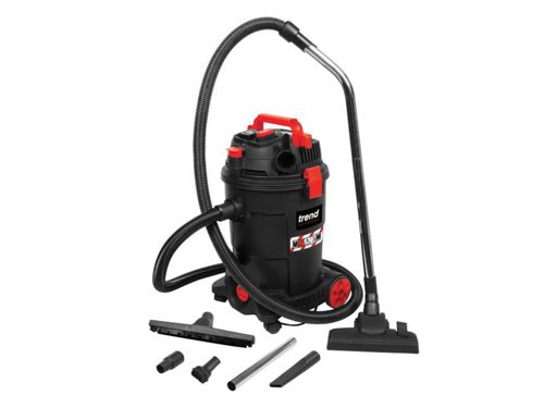 The Trend T33A M Class Wet & Dry Vacuum with auto-start power take off (1,500W for 240V and 1,000W for 110V). This allows the extractor to auto-start when a power tool is connected with a 3–5 second run-on delay to clear residual debris.Durable construction, with a heavy-duty plastic tank. Ideal for dual function pick up. When dry vacuuming, a dust bag can be fitted for increased efficiency and safe disposal. There is also an auto-stop function when liquid capacity is reached and a liquid drain-off port at the bottom of the tank for easy emptying without lifting.Easy to maintain. The low flow indicator signals when the extraction power is low, prompting you to clean the filter. A push-button shakes the filter, clearing out fine dust build-up and helping to maintain efficient suction power.Fitted with four swivel castors for easy manoeuvrability around the jobsite. It also has a wide working range thanks to the 5m hose and 5m cable for extended working distances from a power point.Meets HSE Construction Site regulations to capture microscopic harmful dust particles, including silica and MDF dust. 99.95% CAPTURE High-Performance H13 Pleated HEPA Filter System traps dust as fine as 0.3 microns and above.Supplied with a full set of cleaning tools for general vacuum cleaning purposes.Specifications:Input Power: 240V 1,200W, 110V 800W.Power Take Off: 240V 1,500W, 110V 1,100W.Capacity (Wet/Dry): 17/25 litre.Hose Length: 5m.Cable Length: 5m.The Trend T33A M Class Wet & Dry Vacuum in the 110V Version.