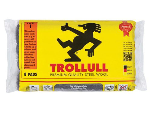 Trollull Extra Large Steel Wool Pads are practical and ready for use straight out of the pack. This versatile product is perfect for sanding, polishing and cleaning various surfaces. The packaging features a unique colour coding system and specific information corresponding to each grade. Handy-sized pack for the toolbox.1 x Pack of 8 Trollull Extra Large Steel Wool Pads Grade 1.This medium grade is suitable for a variety of uses, e.g. to remove old paint from antique furniture with the aid of solvents, sand down wood, clean hard rubber floor surfaces and smooth down plasterboard panels.