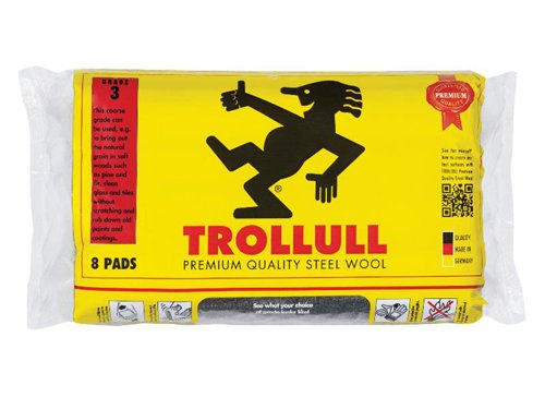 Trollull Extra Large Steel Wool Pads are practical and ready for use straight out of the pack. This versatile product is perfect for sanding, polishing and cleaning various surfaces. The packaging features a unique colour coding system and specific information corresponding to each grade. Handy-sized pack for the toolbox.1 x Pack of 8 Trollull Extra Large Steel Wool Pads Grade 3.This coarse grade is suitable for a variety of uses, e.g. to bring out the natural grain in softwoods such as pine and fir, clean glass and tiles without scratching, and rub down old paints and coatings.