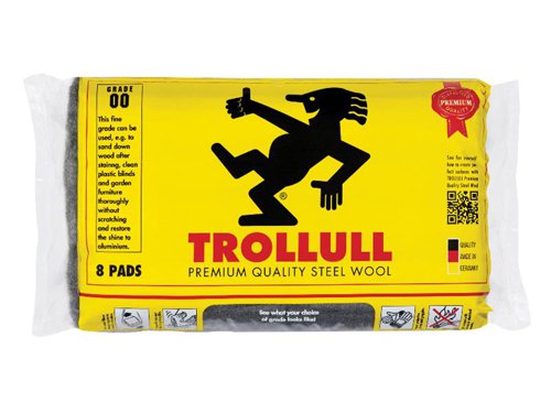 Trollull Extra Large Steel Wool Pads are practical and ready for use straight out of the pack. This versatile product is perfect for sanding, polishing and cleaning various surfaces. The packaging features a unique colour coding system and specific information corresponding to each grade. Handy-sized pack for the toolbox.1 x Pack of 8 Trollull Extra Large Steel Wool Pads Grade 00.This fine grade is suitable for a variety of uses, e.g. to sand down wood after staining, clean plastic blinds and garden furniture thoroughly without scratching, and restore the shine to aluminium.